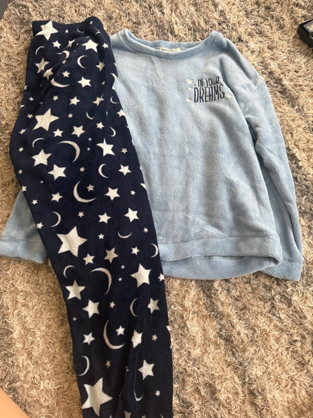 Light Blue 'In Your Dreams' Fuzzy Pajama Top with Starry Navy Fleece Pants